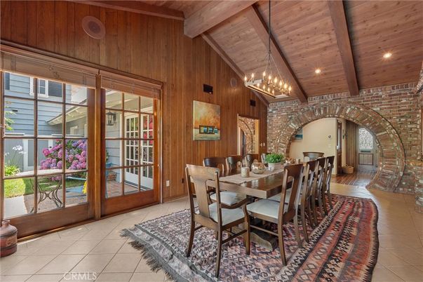 Chandelier, Dining room, Interior, Recessed Lighting, Stone Walls, Wooden Beams, Wooden Ceilings, Wooden Walls