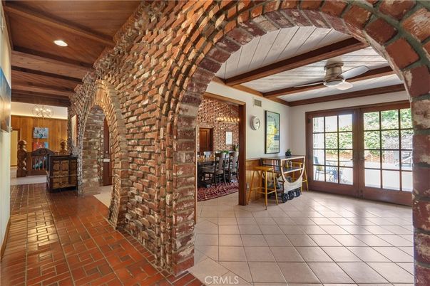 Dining room, Fireplace, Interior, Recessed Lighting, Stone Walls, Wooden Beams, Wooden Ceilings