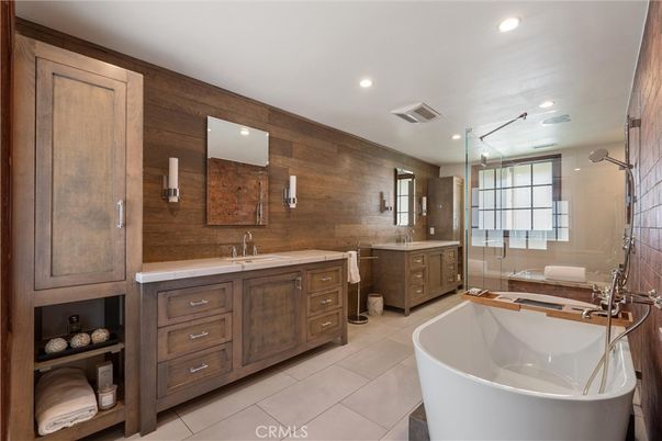 Bathroom, Dual Sink Vanities, Free Standing Baths, Glass Shower, Interior, Recessed Lighting, Wooden Walls