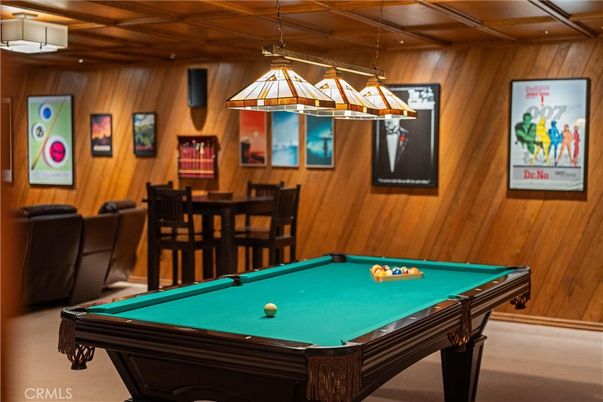 Billiard Table, Game Room, Interior, Pendant Lights, Wooden Walls