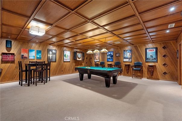 Billiard Table, Chandelier, Game Room, Interior, Recessed Lighting, Wooden Ceilings, Wooden Walls