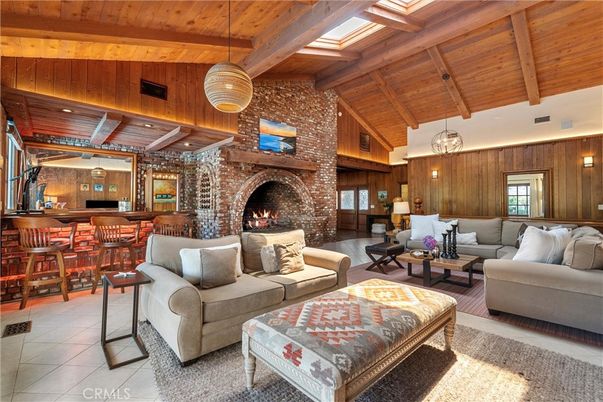 Fireplace, Interior, Living room, Pendant Lights, Recessed Lighting, Stone Walls, Wooden Beams, Wooden Ceilings