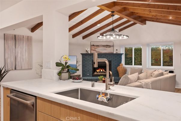 Fireplace, Interior, Kitchen, Living room, Pendant Lights, Wooden Beams