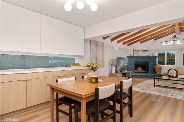 Dining room, Fireplace, Interior, Living room, Pendant Lights, Wooden Beams, Wood Texture Flooring