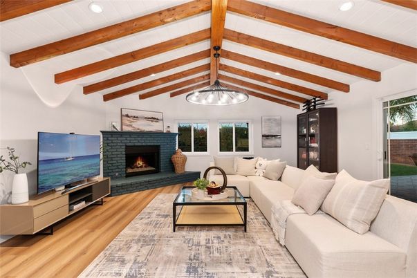 Fireplace, Interior, Living room, Recessed Lighting, Wooden Beams, Wood Texture Flooring