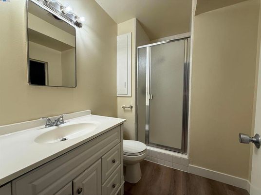 Bathroom, Glass Shower, Interior, Wood Texture Flooring