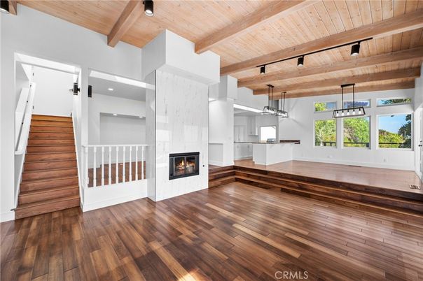 Empty room, Fireplace, Interior, Pendant Lights, Recessed Lighting, Wooden Beams, Wooden Ceilings, Wood Texture Flooring