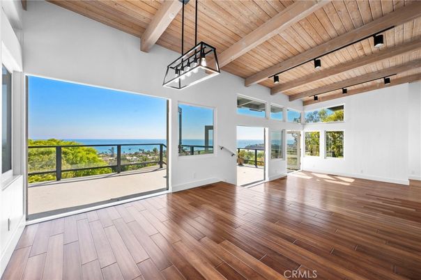 Empty room, Interior, Pendant Lights, Water, Wooden Beams, Wooden Ceilings, Wood Texture Flooring