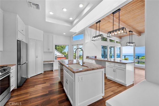 Interior, Kitchen, Pendant Lights, Recessed Lighting, Stainless Steel Appliances, Water, Wooden Ceilings, Wood Texture Flooring