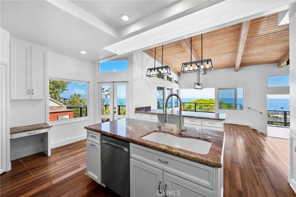 Interior, Kitchen, Pendant Lights, Recessed Lighting, Water, Wooden Beams, Wooden Ceilings, Wood Texture Flooring