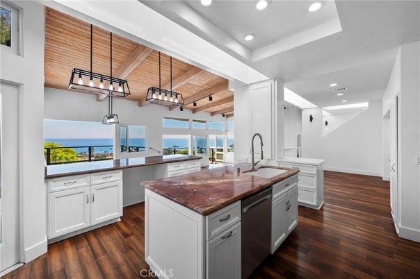 Interior, Kitchen, Pendant Lights, Recessed Lighting, Water, Wooden Beams, Wooden Ceilings, Wood Texture Flooring