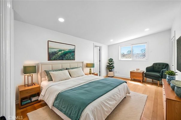 Bedroom, Interior, Recessed Lighting, Wood Texture Flooring