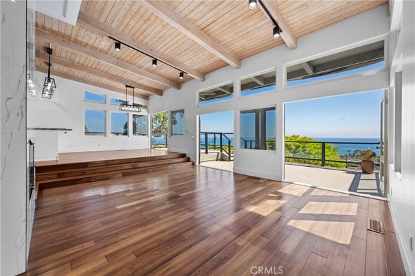 Empty room, Interior, Pendant Lights, Water, Wooden Beams, Wooden Ceilings, Wood Texture Flooring