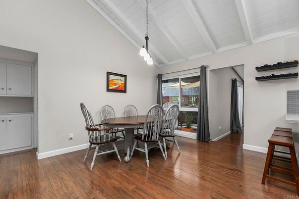 Dining room, Interior, Pendant Lights, Wood Texture Flooring