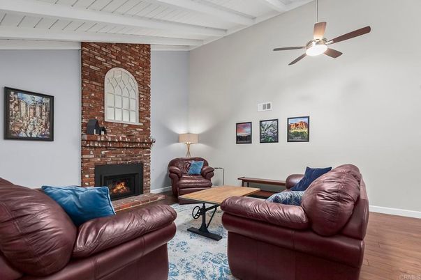 Fireplace, Home Office, Interior, Living room, Stone Walls, Wood Texture Flooring