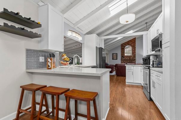 Interior, Kitchen, Pendant Lights, Stone Walls, Wood Texture Flooring