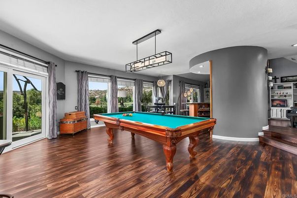 Billiard Table, Game Room, Interior, Pendant Lights, Recessed Lighting, Wood Texture Flooring