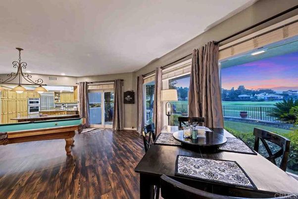 Billiard Table, Dining room, Interior, Kitchen, Pendant Lights, Stainless Steel Appliances, Water, Wood Texture Flooring