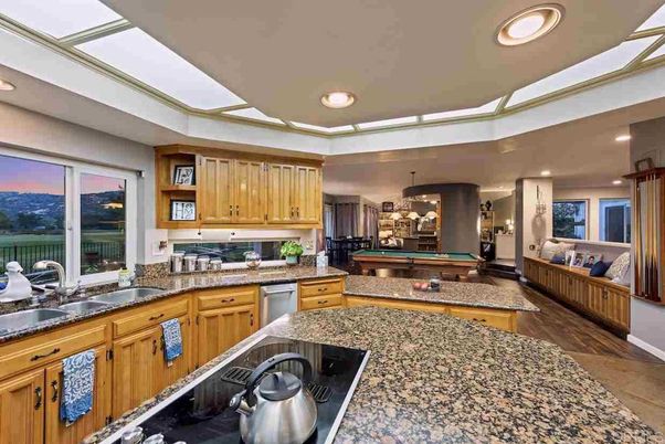 Billiard Table, Interior, Kitchen, Pendant Lights, Recessed Lighting, Stainless Steel Appliances, Wood Texture Flooring