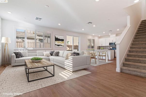 Dining room, Interior, Kitchen, Living room, Recessed Lighting, Stainless Steel Appliances, Wood Texture Flooring