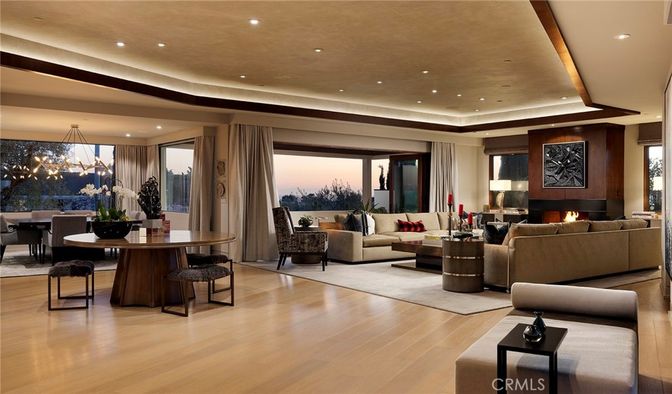 Dining room, Fireplace, Interior, Living room, Recessed Lighting, Wood Texture Flooring