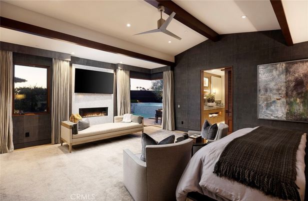 Bedroom, Fireplace, Interior, Living room, Recessed Lighting, Wooden Beams