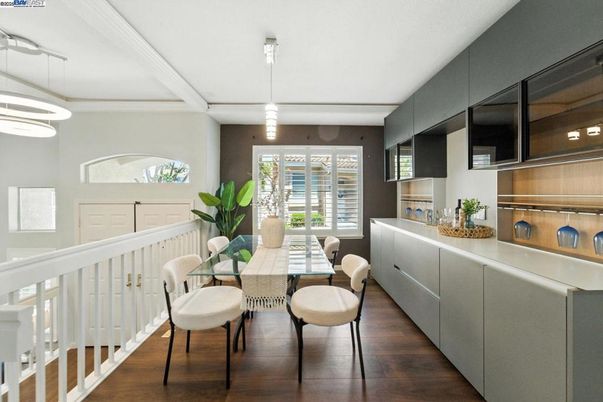 Dining room, Interior, Pendant Lights, Wood Texture Flooring
