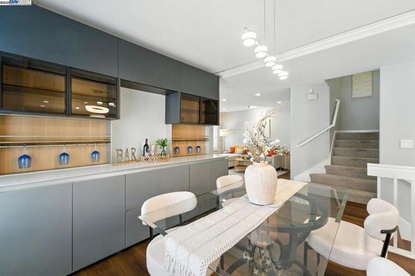 Dining room, Interior, Pendant Lights, Recessed Lighting, Wood Texture Flooring