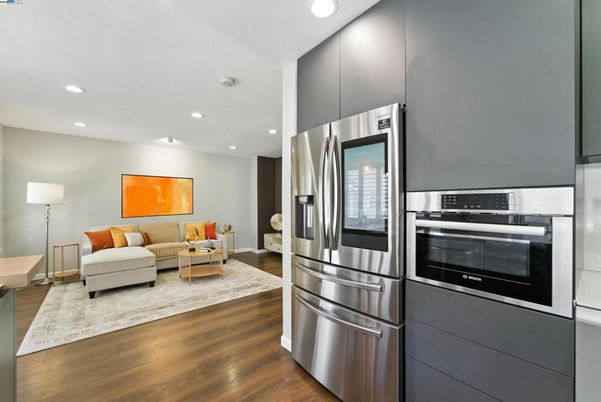 Interior, Kitchen, Living room, Recessed Lighting, Stainless Steel Appliances, Wood Texture Flooring