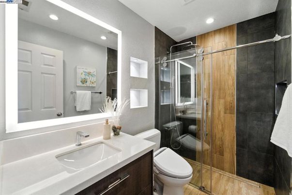 Bathroom, Glass Shower, Interior, Recessed Lighting, Wood Texture Flooring