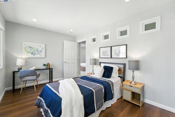 Bedroom, Interior, Recessed Lighting, Wood Texture Flooring