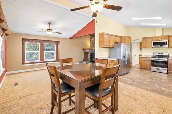 Dining room, Fireplace, Interior, Kitchen, Stainless Steel Appliances