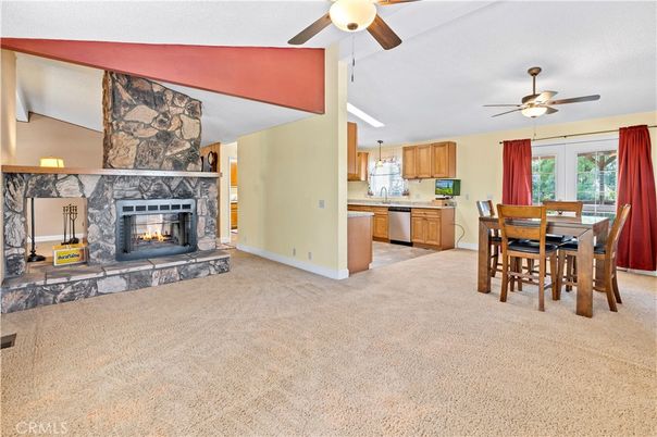 Dining room, Fireplace, Interior, Kitchen, Pendant Lights, Stone Walls
