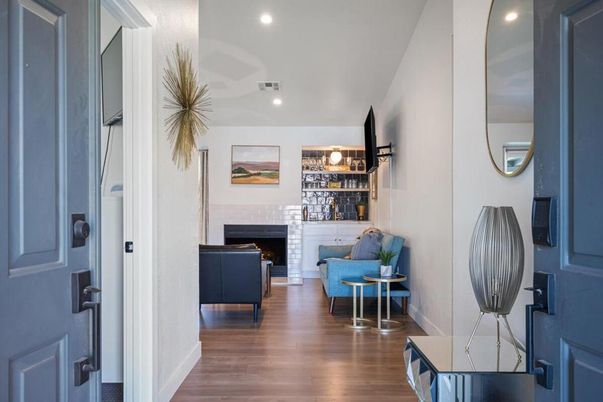 Fireplace, Interior, Living room, Recessed Lighting, Wood Texture Flooring