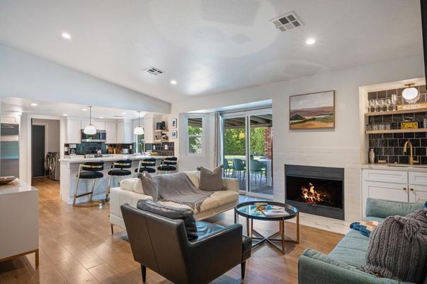Fireplace, Interior, Kitchen, Living room, Pendant Lights, Recessed Lighting, Wood Texture Flooring