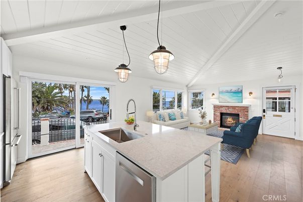 Fireplace, Interior, Kitchen, Living room, Pendant Lights, Water, Wood Texture Flooring