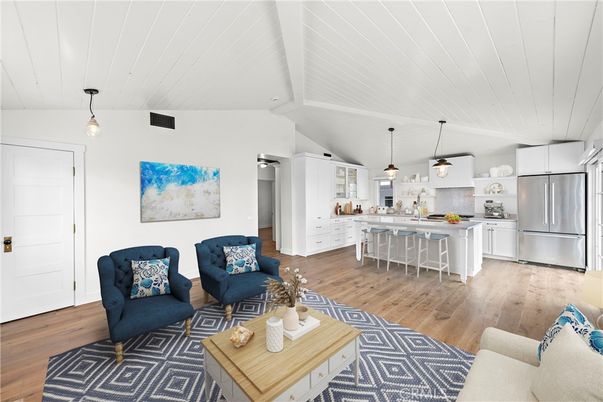 Dining room, Interior, Kitchen, Living room, Pendant Lights, Stainless Steel Appliances, Wood Texture Flooring
