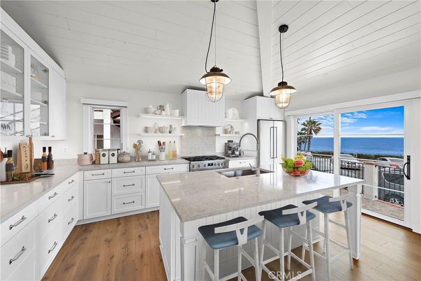 Interior, Kitchen, Pendant Lights, Stainless Steel Appliances, Water, Wood Texture Flooring