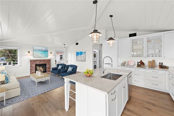 Fireplace, Interior, Kitchen, Living room, Pendant Lights, Wood Texture Flooring