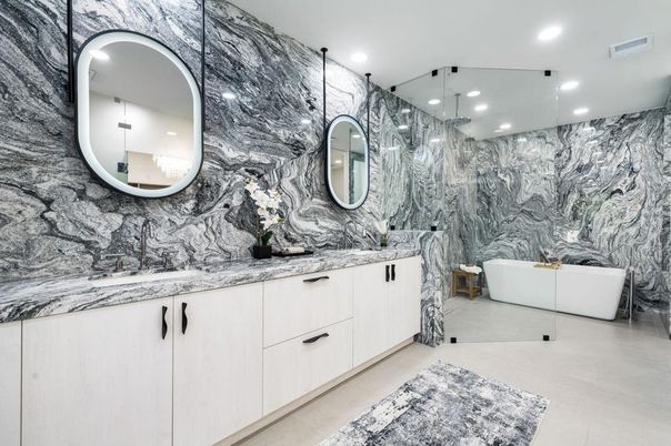 Bathroom, Dual Sink Vanities, Free Standing Baths, Glass Shower, Interior, Marble Walls, Recessed Lighting
