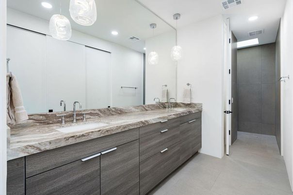 Bathroom, Dual Sink Vanities, Interior, Pendant Lights, Recessed Lighting