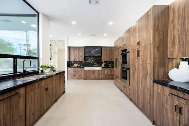 Interior, Kitchen, Marble Walls, Recessed Lighting, Stainless Steel Appliances
