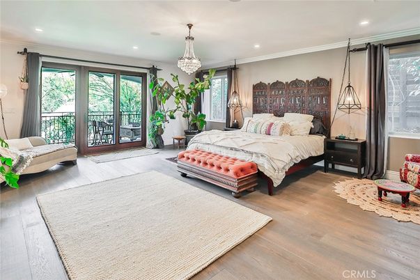 Bedroom, Chandelier, Interior, Recessed Lighting, Wood Texture Flooring
