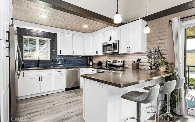 Interior, Kitchen, Pendant Lights, Recessed Lighting, Stainless Steel Appliances, Wooden Ceilings, Wood Texture Flooring