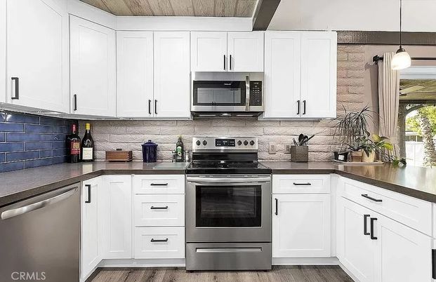 Interior, Kitchen, Pendant Lights, Stainless Steel Appliances, Wooden Ceilings, Wood Texture Flooring