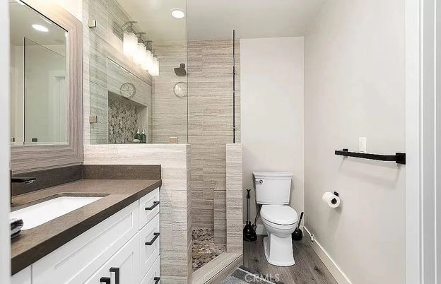 Bathroom, Glass Shower, Interior, Recessed Lighting, Wood Texture Flooring