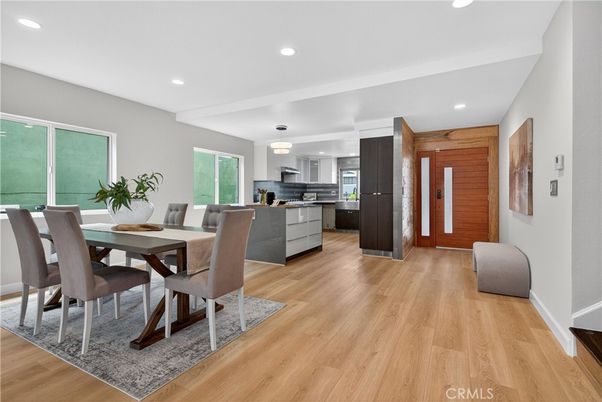 Dining room, Interior, Kitchen, Recessed Lighting, Stainless Steel Appliances, Wood Texture Flooring