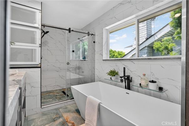 Bathroom, Free Standing Baths, Glass Shower, Interior, Marble, Marble Walls