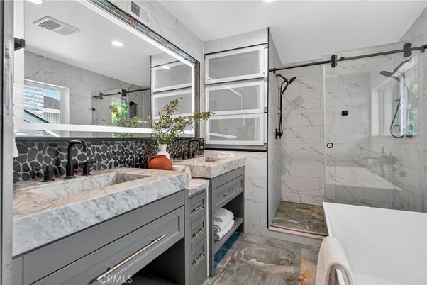 Bathroom, Glass Shower, Interior, Marble Walls, Recessed Lighting
