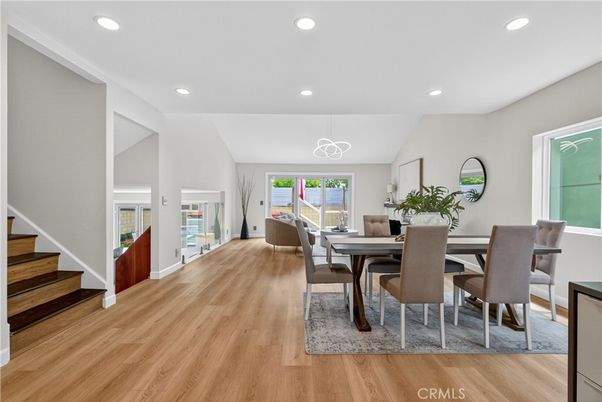 Dining room, Interior, Pendant Lights, Recessed Lighting, Wood Texture Flooring